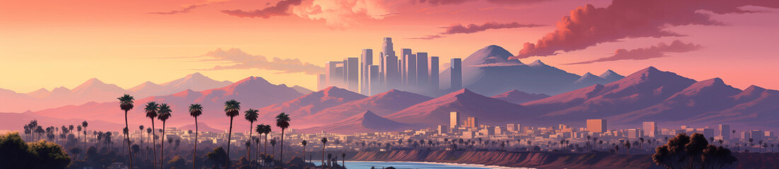 Los Angeles city, USA panorama view cartoon stye