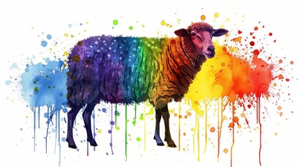  A watercolor painting depicts a sheep with a rainbow-colored paint smudge on its face and body