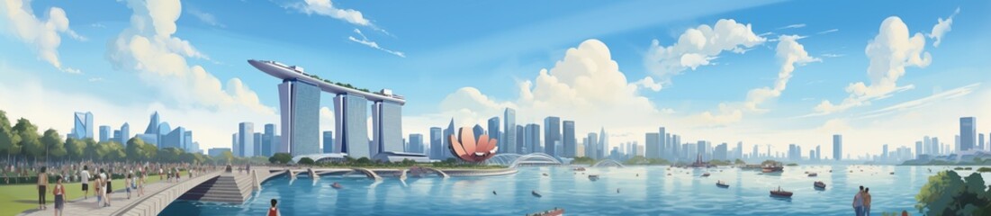 Merlion singapore, panorama view cartoon style