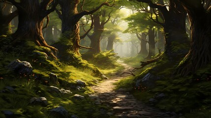 A winding forest trail surrounded by dense foliage and sunlight filtering through the branches.