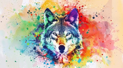  Wolf with splattered colors on its face against a multicolored backdrop, painting