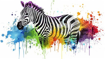 Fototapeta premium A black-and-white zebra stands against a multicolored paint splattered background, while a zebra with multicolored stripes is visible in the foreground