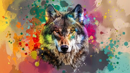  A wolf's face, close up, with splattered paint on a colorful background