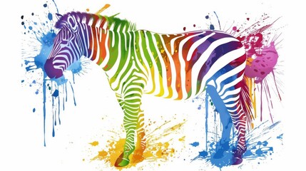  A painting depicts a zebra adorned with paint splatters throughout its body and a splash of paint on its rear