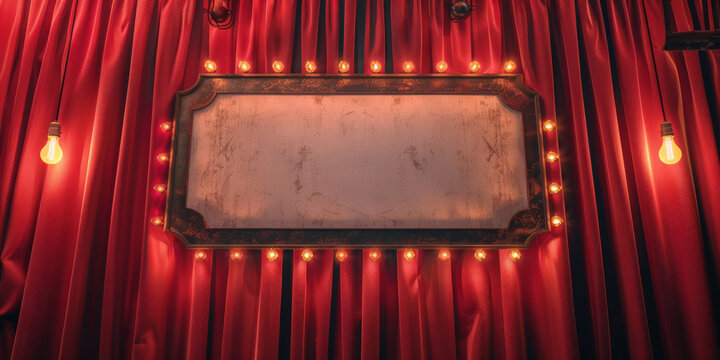 empty blank white  vintage movie theater marquee sign hanging on red velvet curtains with light bulbs around the edges. 