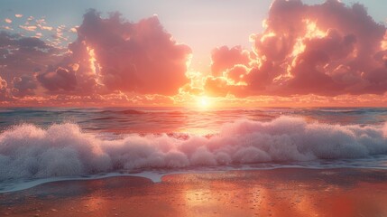  The sun descends over the sea, waves crash onshore, and the sky is cloudy - obrazy, fototapety, plakaty