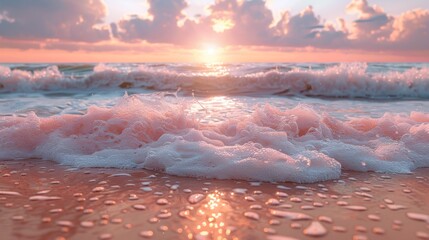 A high resolution photo of a wave crashing on a sandy beach, with the sun setting behind distant clouds - obrazy, fototapety, plakaty
