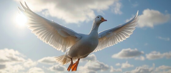  A white bird stretches wings in blue sky, cloudy backdrop, sun in frame