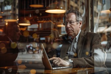 Businessman, digital nomad or freelancer working on a laptop in a cozy cafe. Productivity and tranquility, as the person blends remote job and relaxation in a comfortable environment. - obrazy, fototapety, plakaty