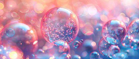 Soft bubbles in a magical atmosphere, with light diffusing through a pink-blue gradient background