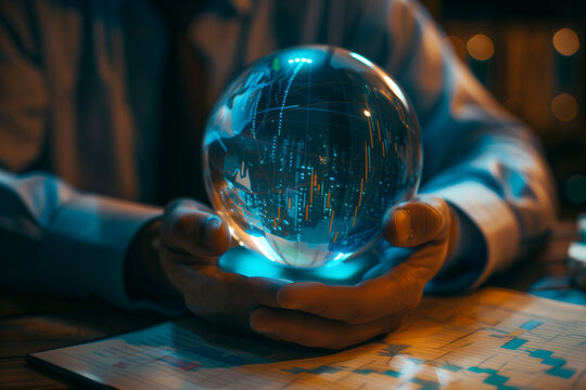 investor prediction, forecasting, stock market chart with candlestick in the crystal globe. High quality photo