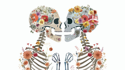 Floral Kissing Skeletons flat vector isolated on white