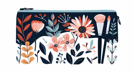 Floral Makeup Bag flat vector isolated on white background
