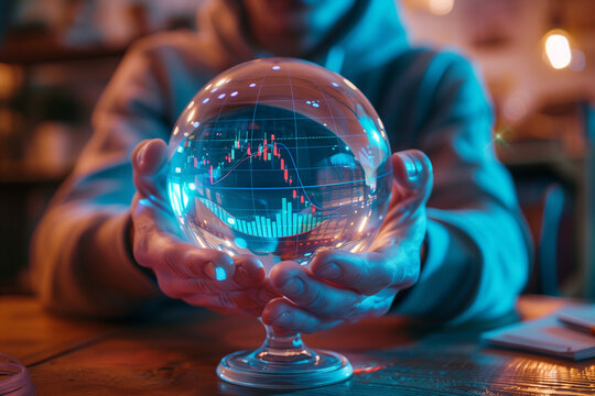 investor prediction, forecasting, stock market chart with candlestick in the crystal globe. High quality photo