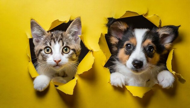 Pets peek through torn yellow paper