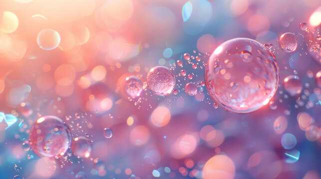Close-up of gentle bubbles floating, complemented by dreamy bokeh lights and soft-focus technique for a whimsical effect