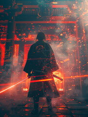 Cybernetic samurai, wielding a laser katana, standing at the entrance of an ancient temple adorned with holographic symbols