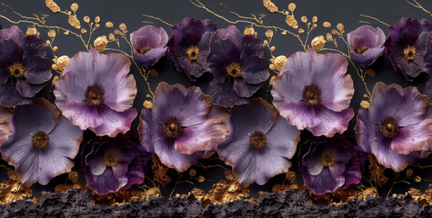  A cluster of purple blossoms sits beside each other on a dark-gold wall with golden leaf accents - obrazy, fototapety, plakaty
