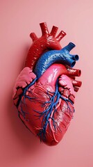 anatomical heart isolated on pink background. 3d human heart.
