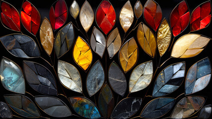  A photo of a stained glass window depicting colorful leaves on both sides - obrazy, fototapety, plakaty