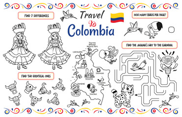A fun placemat for kids. Printable to &ldquo;Travel to Colombia&rdquo; activity sheet with a labyrinth, find the differences and find the same ones. 17x11 inch printable vector file