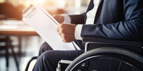 Fototapeta premium Positive disabled young man in wheelchair working in office. Company CEO in wheelchair reading business report. Generative AI.