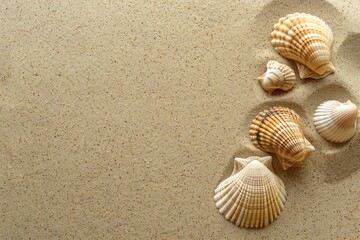 Fototapeta na wymiar Sea shells on sandy beach. Summer background. Top view. generative ai