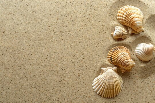 Sea shells on sandy beach. Summer background. Top view. generative ai