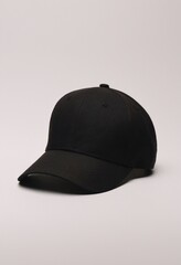 Mock up of blank black baseball cap with copy space for text, logo, branding, print design. Angle view of cap for men and women on beige background. Template of empty sports headgear, headdress