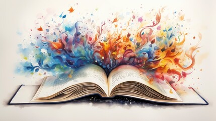 A captivating explosion of colorful abstract art emerging from the pages of an open book, symbolizing creativity and imagination. - obrazy, fototapety, plakaty
