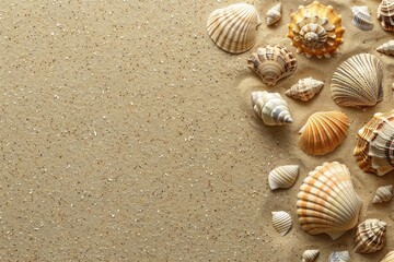 Fototapeta na wymiar Sea shells on sandy beach. Summer background. Top view. generative ai