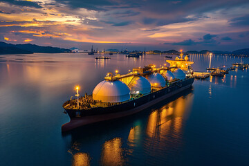LNG Tanker; ship moored to the gas terminal. - obrazy, fototapety, plakaty