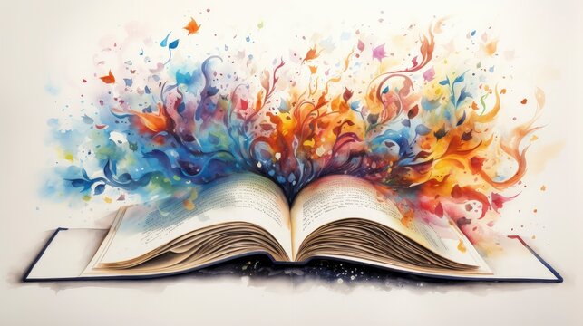 A captivating explosion of colorful abstract art emerging from the pages of an open book, symbolizing creativity and imagination.