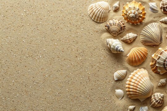Sea shells on sandy beach. Summer background. Top view. generative ai