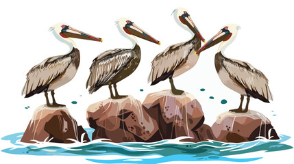 Four brown pelicans perched on a rock in the ocean fl - obrazy, fototapety, plakaty