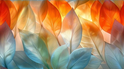  A macro shot of numerous leaves with a blue border surrounded by the image's center The result is an image featuring shades of orange, blue, green, yellow, red, orange,