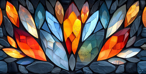  A zoomed-in photo of a colored stained glass window with various hues of foliage and pebbles adorning its exterior