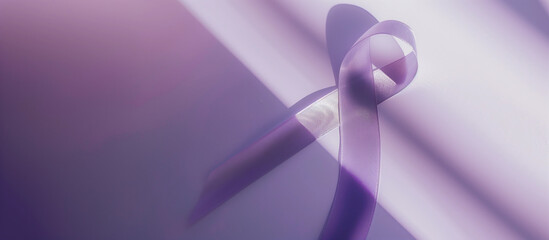 Purple cancer ribbon on sunlight blank background support alzheimer's disease epilepsy lupus pancreatic awareness campaign domestic violence support courage healthcare survivor copy space banner