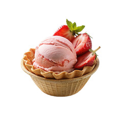 Strawberry ice cream in waffle bowl, isolated on transparent background