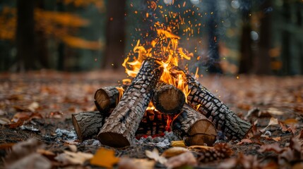  Forest on fire, surrounded by fallen leaves, log pile in focus