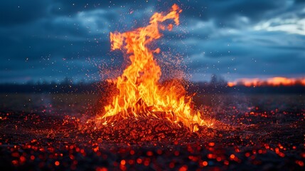  A blaze ablaze amidst a field, undergirded by a cloudy skyscape - obrazy, fototapety, plakaty