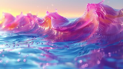 Naklejka na ściany i meble A stunning painting featuring a majestic wave in the ocean, framed by a breathtaking sunset The central focus is a vibrant blend of pink and blue