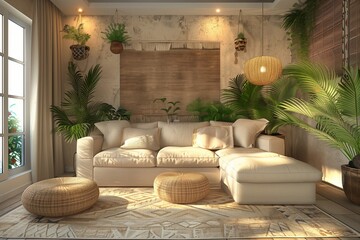 Living room in boho style. Modern boho living room with sofa, plants, carpet. Home interior.