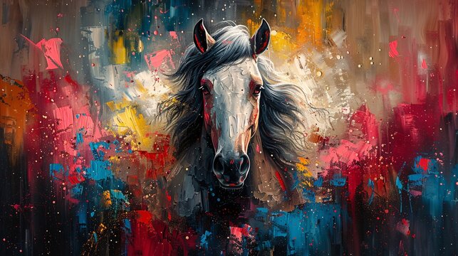 
Anime oil painting with abstract art of a horse. Includes paint spots, strokes, knife art on art walls. Mural style wall art