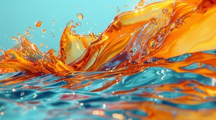 Obraz na płótnie Canvas A picture shows an orange and blue mixture spilling onto a blue ocean, surrounded by a blue sky