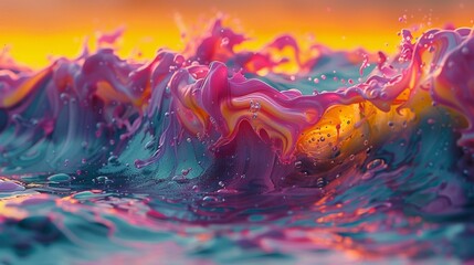  A close-up photo of a water wave, with a blue and yellow background on one side and an orange and yellow sky on the other