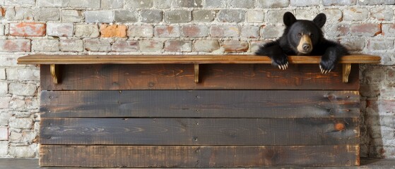  Black bear on wooden bench with brick wall in background