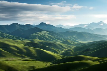 A wide-angle vista showcasing the breathtaking beauty of endless green hills merging with a magnificent mountainous landscape. - obrazy, fototapety, plakaty