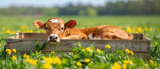  A brown and white cow resting in a wooden crate amidst a sea of green grass and vibrant yellow wildflowers