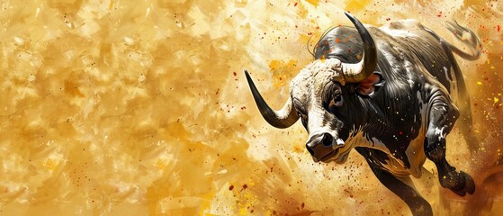  A painting depicts a bull with extended horns amidst a backdrop of vibrant hues - yellow, orange, dotted with splattered paint - obrazy, fototapety, plakaty